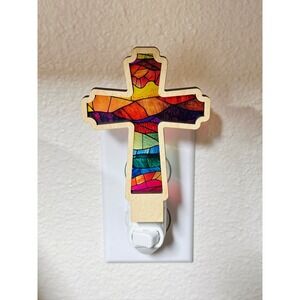 Cross Night Light Plug In Religious Home Decor Stained Glass Look Handcrafted